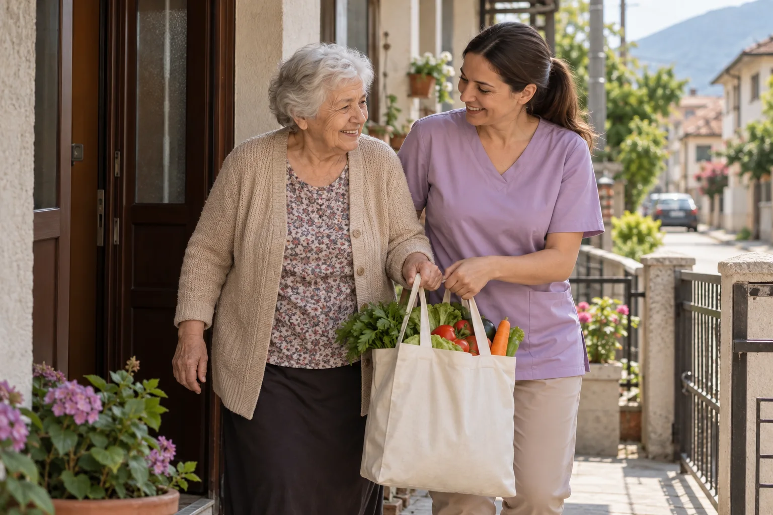 An older woman and a caregiver returning home with a bag of groceries.